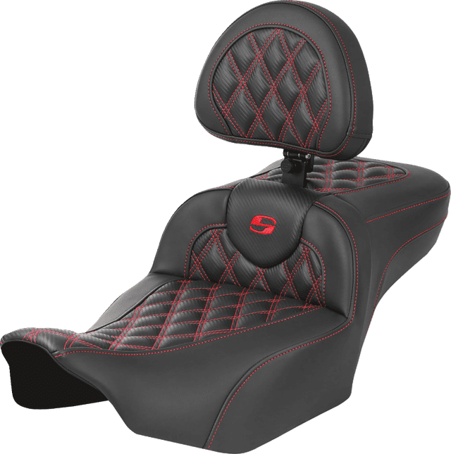 SADDLEMEN 0801-1805 Roadsofa™ Extended Reach Seat - with Backrest - Lattice Stitch - Red Stitch - FLTR/FLHX '23-'24 — image 1 of 7