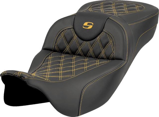 SADDLEMEN 0801-1990 Roadsofa™ Extended Reach Seat - Lattice Stitch - Gold Stitch - without Backrest - FL '08-'23 — image 1 of 2