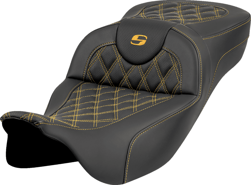 SADDLEMEN 0801-1990 Roadsofa™ Extended Reach Seat - Lattice Stitch - Gold Stitch - without Backrest - FL '08-'23 — image 1 of 2