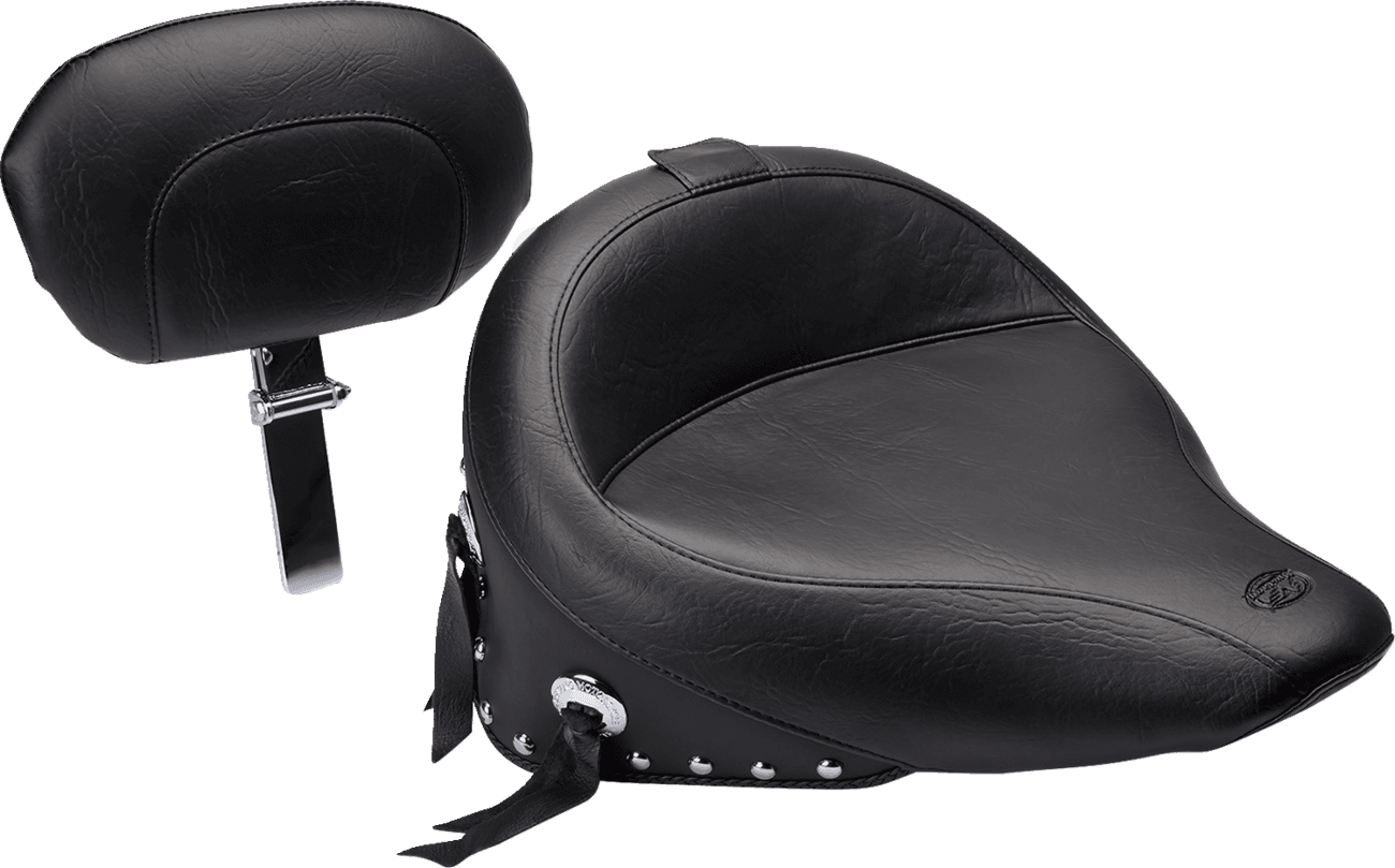 MUSTANG 0802-0491 Wide Solo Seat - With Backrest - Black - Studded w/ Concho - FLST '00-'15