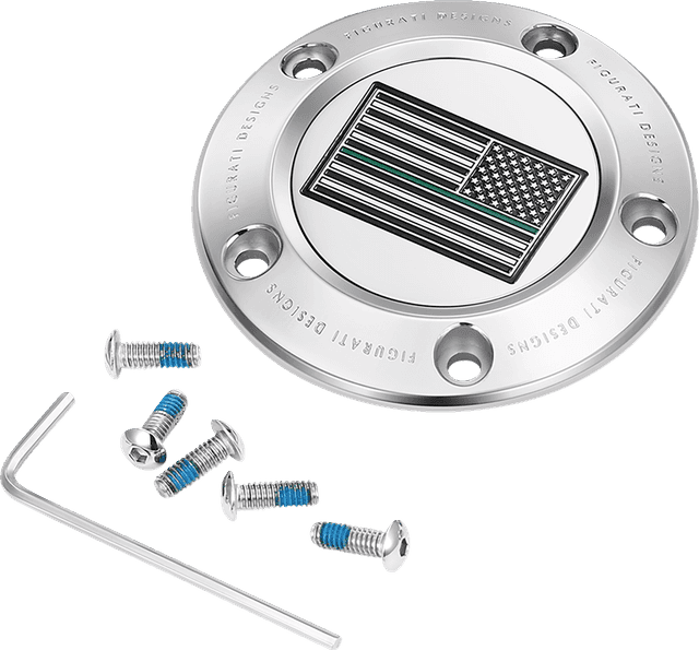 FIGURATI DESIGNS 0940-2098 Timing Cover - 5 Hole - Green Line American Flag - Stainless Steel — image 1 of 3