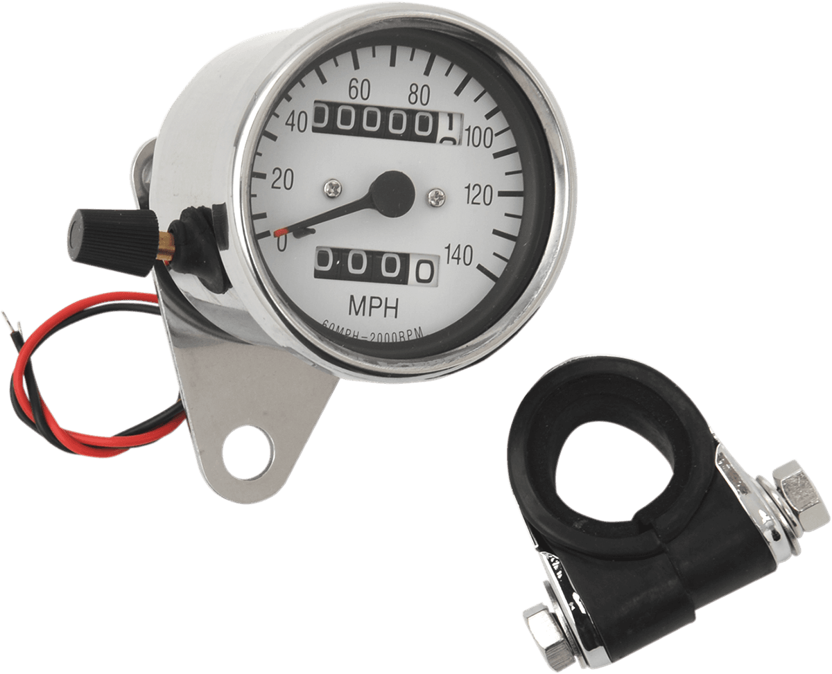 DRAG SPECIALTIES DS-243836 2.4" MPH Mini LED Mechanical Speedometer/Indicators/Trip - Chrome Housing - White Face - 2:1