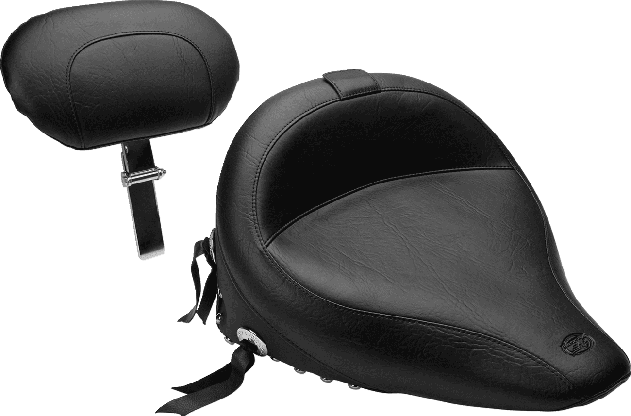 MUSTANG DS-900233 Wide Solo Seat - With Backrest - Black - Studded w/ Concho - FLST/FXST '00-'06