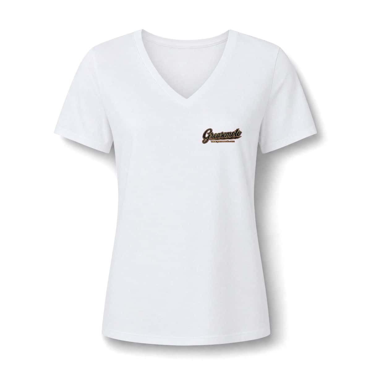 GREASEMOTO MERCH-GREASEMOTO-BANQUET-LABEL-GRAPHIC-TEE-V-N-8A50210F-S Banquet of Gears | Ladies fitted V-neck — Solid White Blend