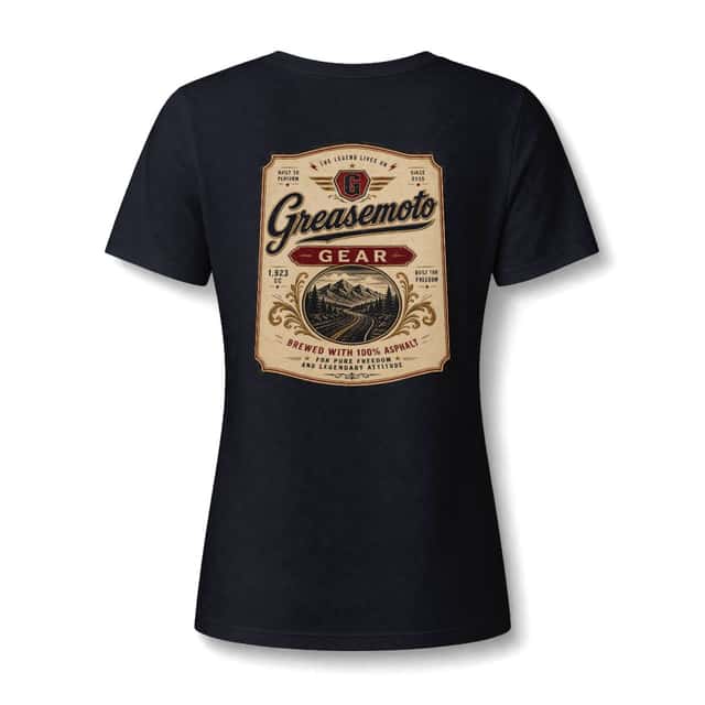 GREASEMOTO MERCH-GREASEMOTO-BANQUET-LABEL-GRAPHIC-TEE-V-N-3B8268C4-S Banquet of Gears | Ladies fitted V-neck — Solid Black Blend — image 1 of 2